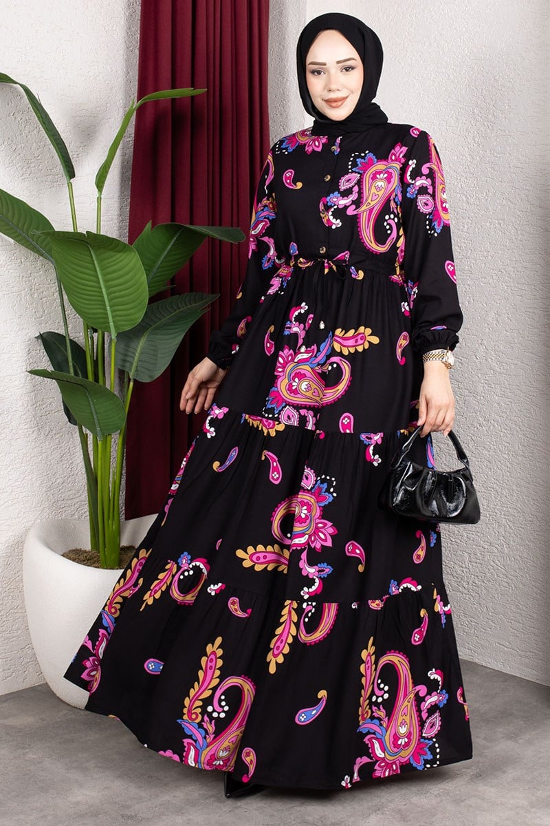 Ethnic Patterned Dress With Gathered Waist.