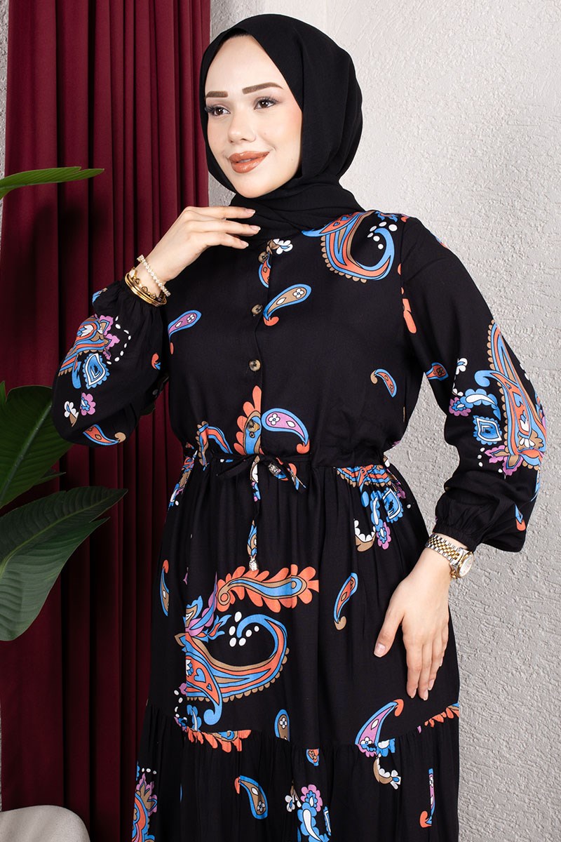 Ethnic Patterned Dress With Gathered Waist.-detail