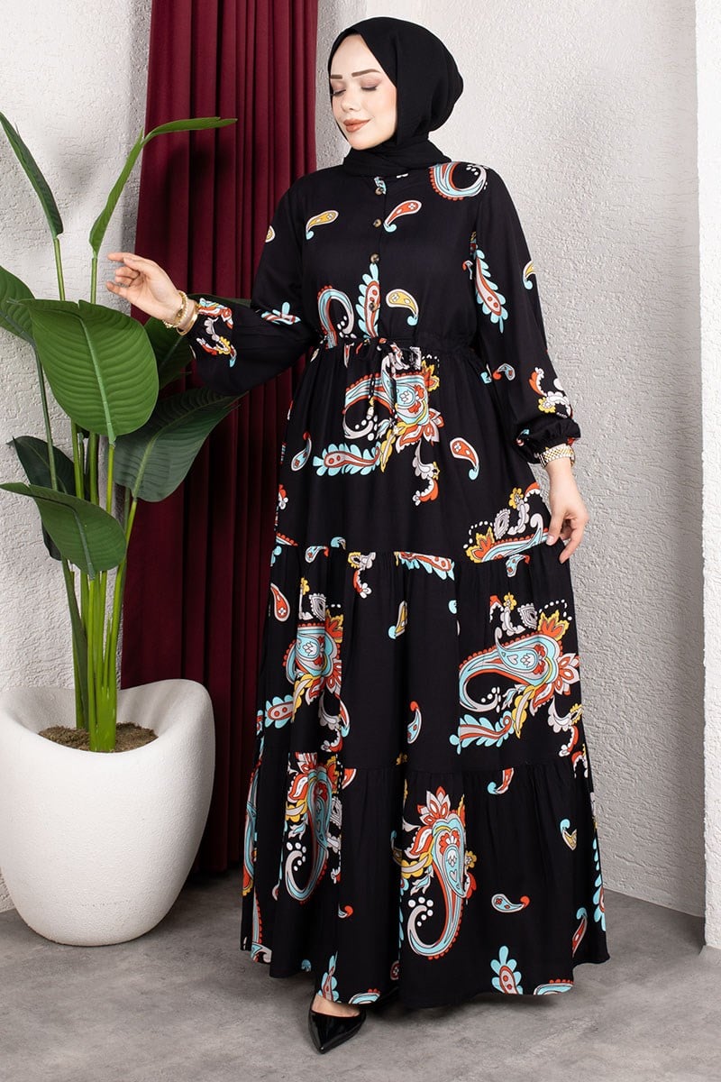 Ethnic Patterned Dress With Gathered Waist.-detail