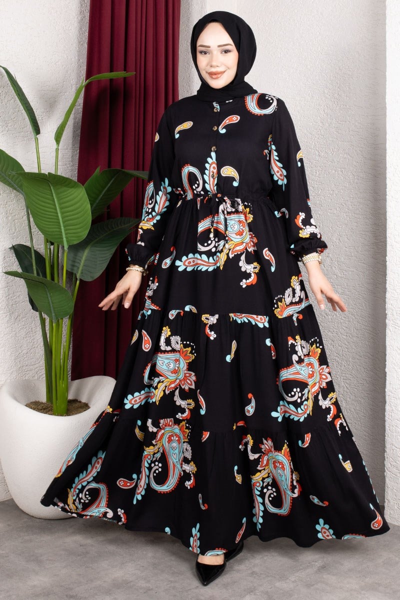 Ethnic Patterned Dress With Gathered Waist.