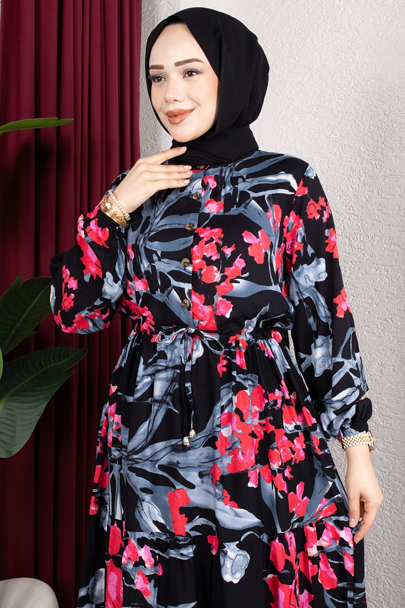 Floral Print Dress With Gathered Waist-detail