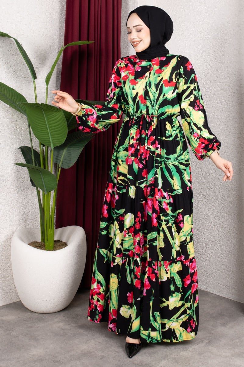 Floral Print Dress With Gathered Waist