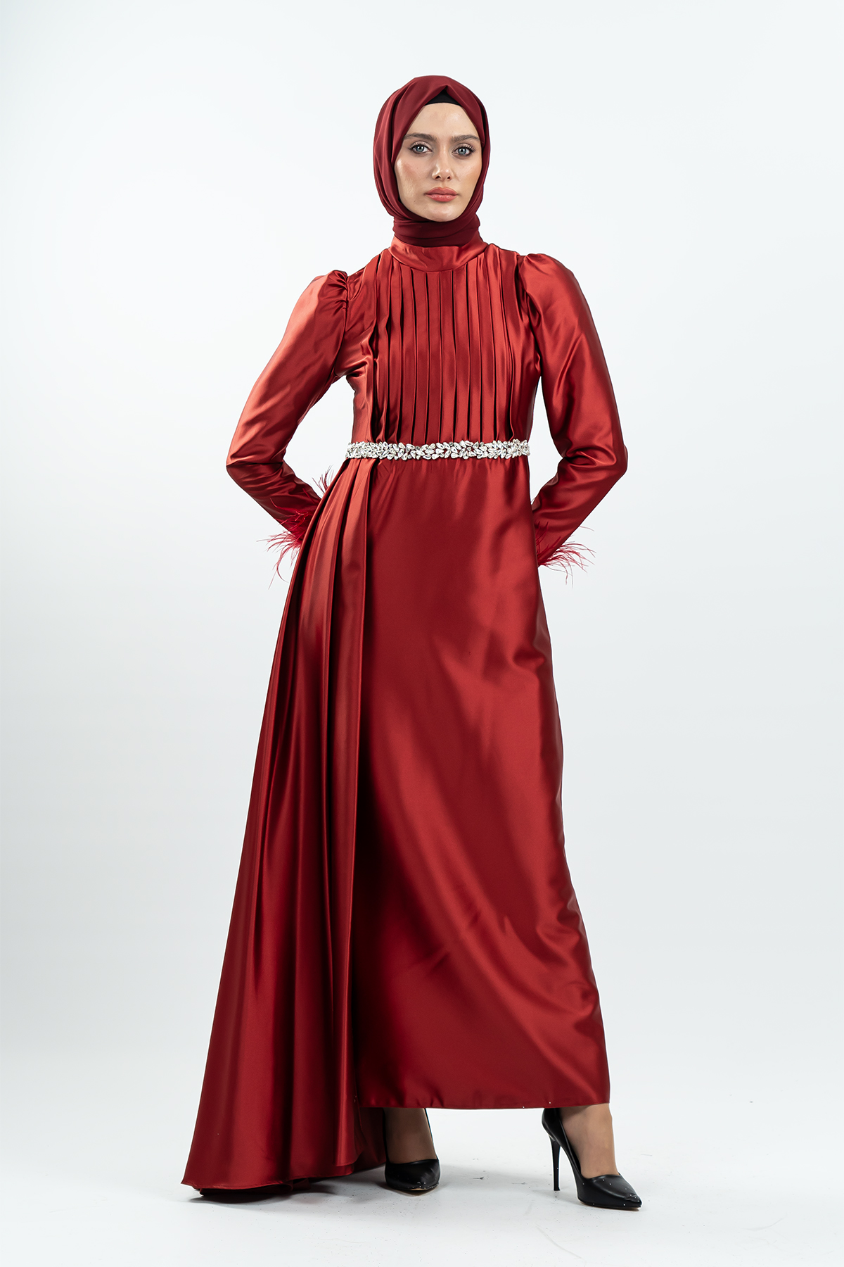 Claret Red Color Satin Evening Dress