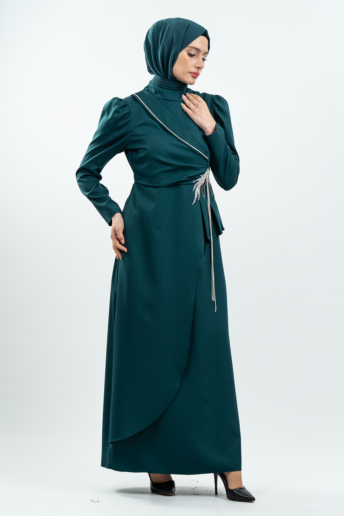 Emerald Green Stone Detailed Evening Dress