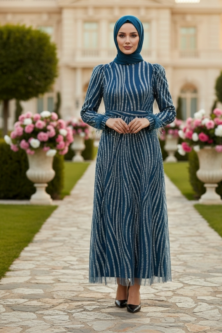 Indıgo Color Silvery Evening Dress