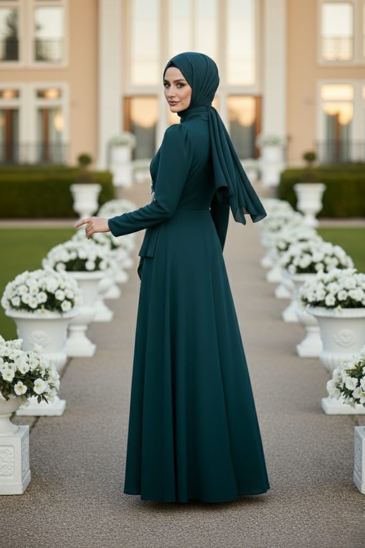 Emerald Green Stone Detailed Evening Dress-detail
