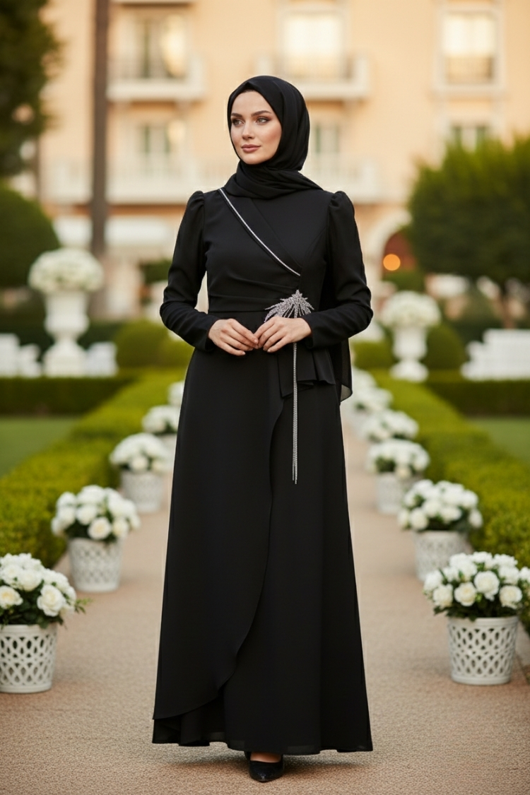 Black Stone Detailed Evening Dress