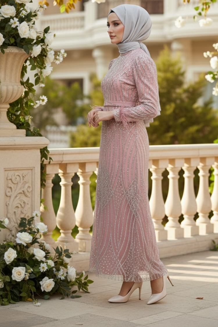 Powder Pink Silvery Evening Dress-detail