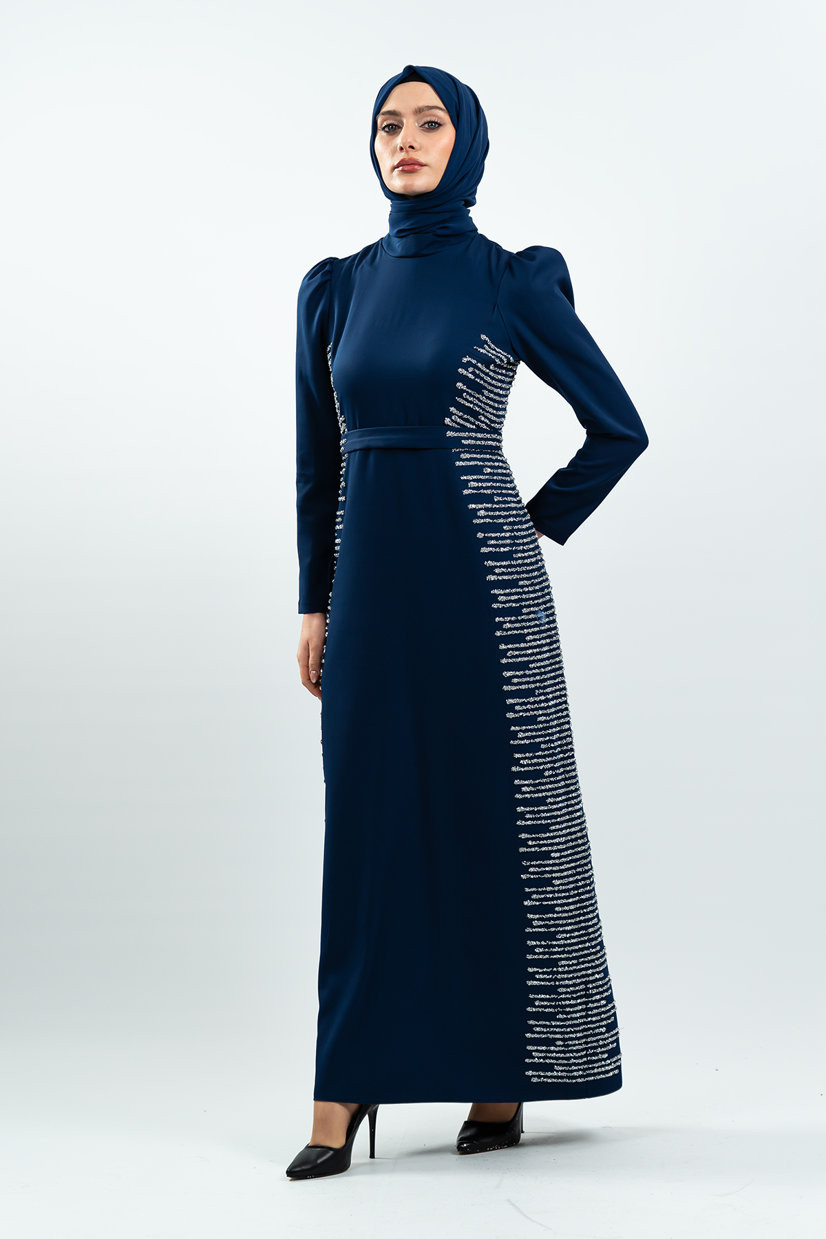 Navy Blue Stone Detailed Evening Dress