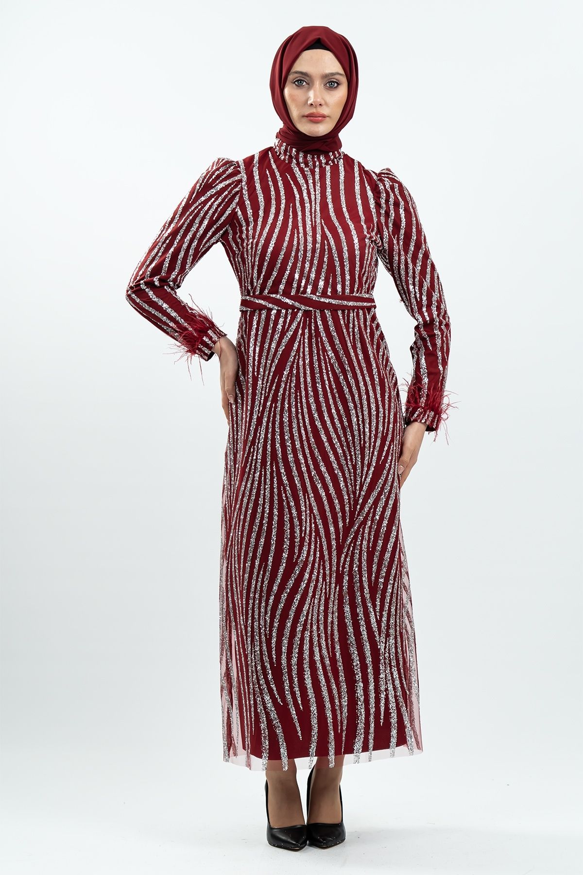 Claret Red Silvery Evening Dress