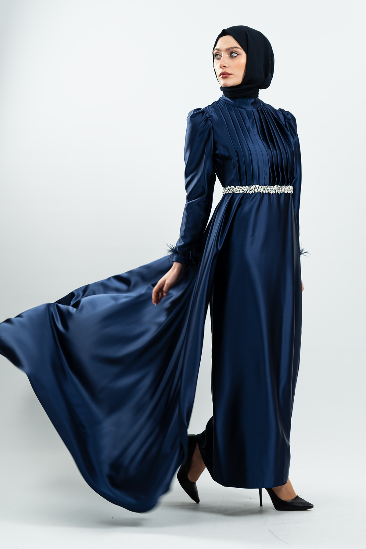 Navy Blue Satin Evening Dress